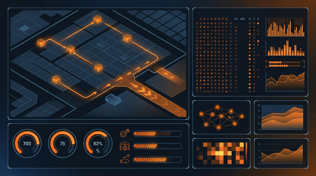 Automated warehouse management dashboard tracking robotic sorting units inventory telemetry internal storage facility logistics interface high tech industrial supply chain software screen