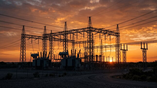 Electrical substation infrastructure silhouetted against a dramatic orange sunset sky with clouds