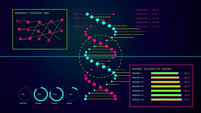 Digital dna sequence data biometric validate interface with changing statistical graphs and illuminated circular progress bars shown on a dark computer monitor for medical research analysis