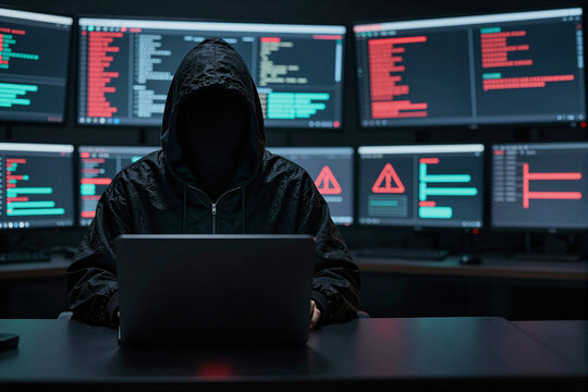 A mysterious hacker wearing a black hoodie, face completely hidden in shadow. Standing in front of a wall of multiple computer monitors displaying complex code, data graphs, and red warning alerts.
