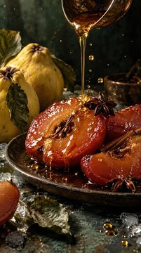 Pouring amber spiced syrup over ruby poached quince halves with star anise and cinnamon sticks on a rustic plate. Healthy food dessert preparation concept with fresh quinces and spices in a dark kitch