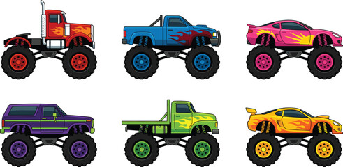 Monster truck vector cartoon icon set isolated on white background heavy pickup vehicle collection with flame vinyl graphics © BULU