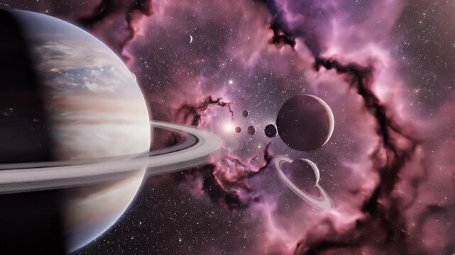 A vivid pink and purple interstellar nebula with orbiting planets and a crescent moon-like silhouette in a starry cosmic background