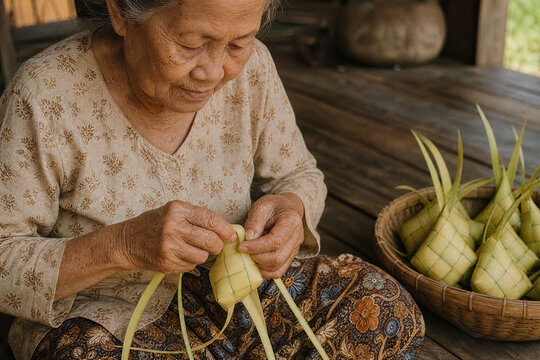 Hands weaving ketupat casings from young coconut leaves