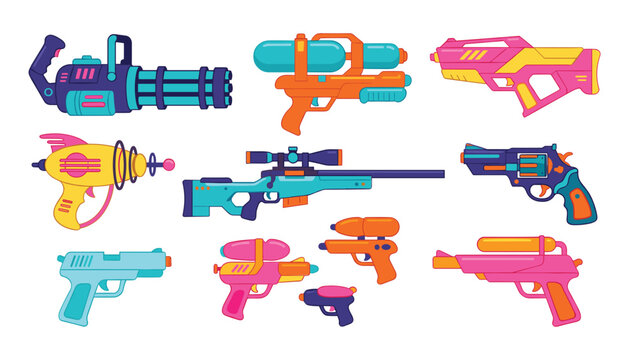 PrintVector set of colorful cartoon toy guns, plastic water blasters, and futuristic sci-fi rayguns isolated on white background