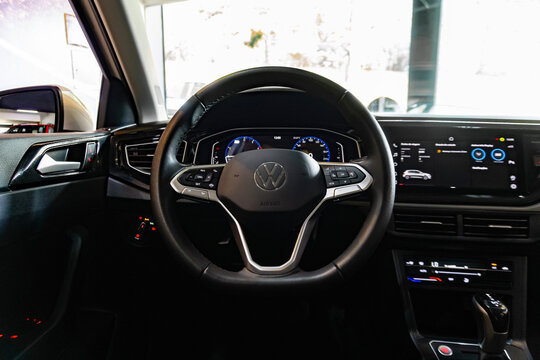 Volkswagen Polo Highline Hatchback Interior Leather Steering Wheel Digital Cockpit Dashboard View