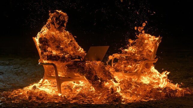 Abstract figure works remotely on laptop in a cheaper location with warm amber hues and contrasting foreign currency glow against a dark background.
