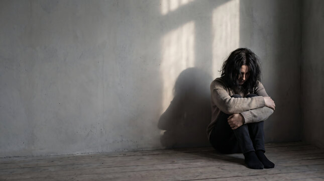 Sad lonely woman sitting curled up on the floor of a dark concrete room suffering from depression and mental health issues