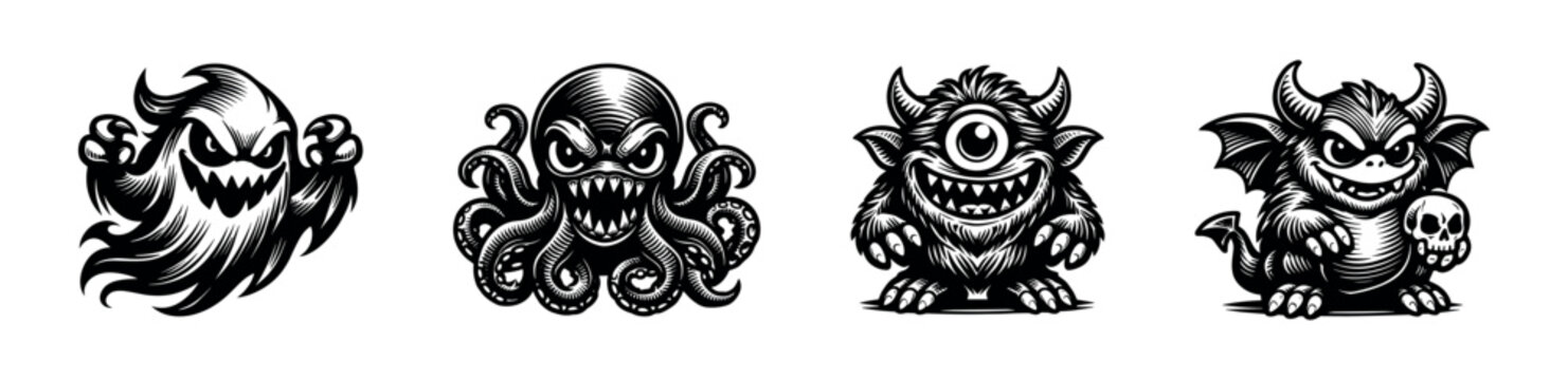 Set of Four Vintage Style Monster Icons