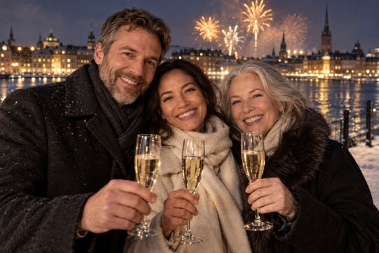 Drei Freunde sto&szlig;en mit Sekt auf das neue Jahr an. Hinter ihnen glitzern die verschneite Stockholmer Altstadt, festliche Lichter und gro&szlig;es Silvesterfeuerwerk.