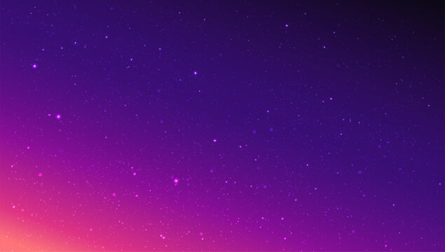 Abstract space background with glowing stars and particles. Purple and pink cosmic gradient. Starry atmosphere for poster, branding, technology or modern design. Vector illustration.
