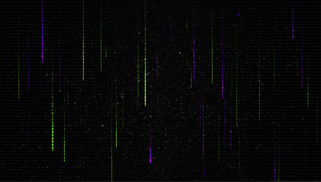 Glitch technology background with vertical neon lines. Digital noise, and scan effects on black backdrop. Futuristic cyber texture for gaming, media, technology. Vector illustration.
