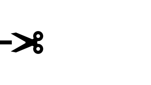 Animated outline icon of scissors cutting through a dashed line. Coupon, discount, or tailoring concept on a white background.