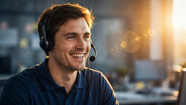 Close-up portrait of a smiling male customer service agent wearing a headset in a bright modern office, ideal for support campaigns, call center ads and tech helplines
