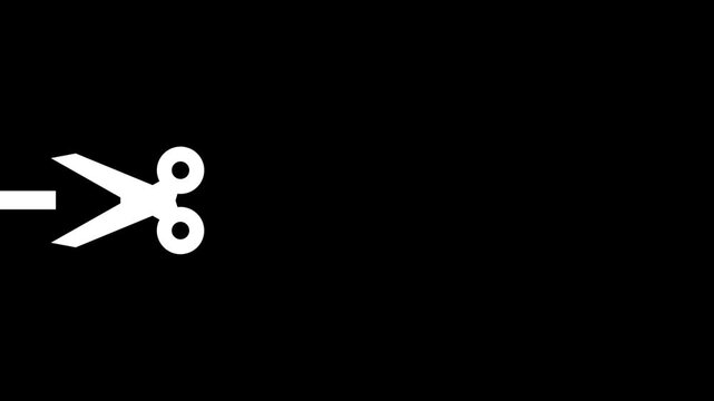 Animated outline icon of scissors cutting through a dashed line. Coupon, discount, or tailoring concept on a black background.