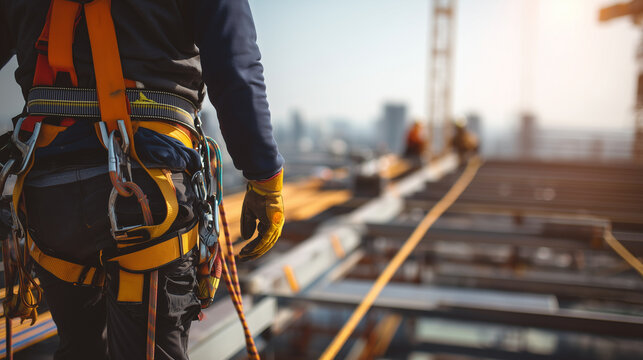 Construction worker wearing a safety harness on a high-rise building site, representing fall protection, occupational safety, industrial construction and workplace risk management.