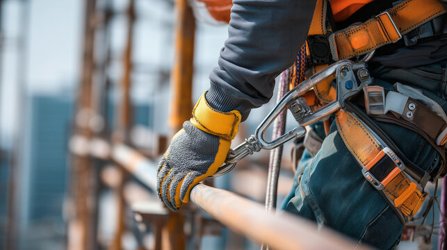 Industrial worker wearing a safety harness and protective gloves while working at height on a construction structure, with carabiners and fall protection equipment.