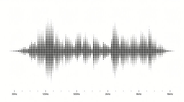 Minimalist sound wave equalizer visualization graphic halftone dot pattern style crisp black particles tracking audio frequency digital signal processing white background template