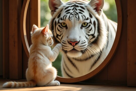 Cat memes featuring a white cat admiring a majestic tiger reflected in a mirror