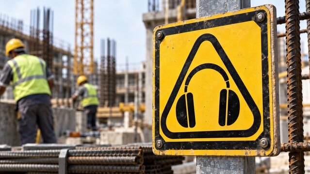 Yellow Hearing Protection Ear Defenders on a Warning Sign at Construction Site, Emphasizing Industrial Workplace Safety.