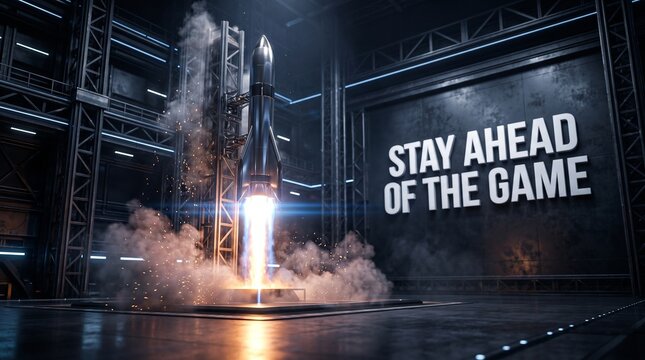 Sleek metallic rocket blasting off inside futuristic hangar with Stay Ahead Of The Game typography