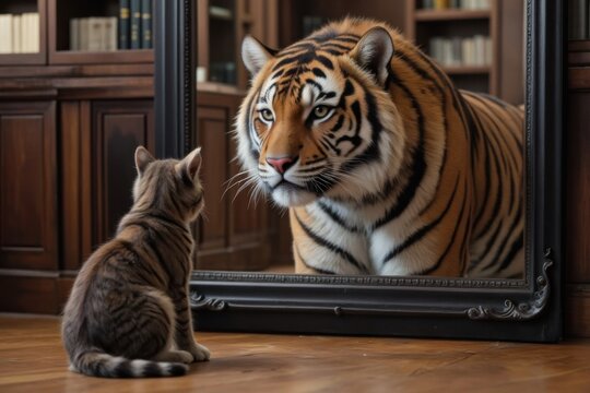 Cat memes showing a small cat confronting a majestic tiger through a mirror
