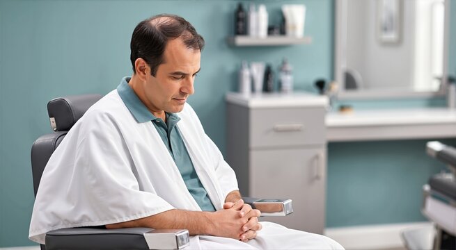 Pensive man with thinning hair on crown sitting in a barber chair. Sad male client wearing a white cape looking down in a salon. Hair loss and male pattern baldness concept