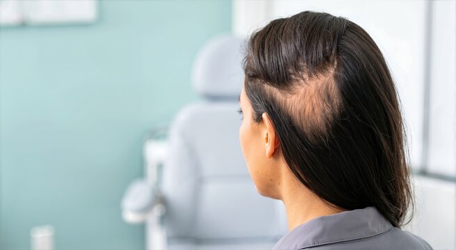 Back view of a woman with partial hair thinning on her scalp. Female patient showing alopecia areata in a medical clinic. Hair loss concept