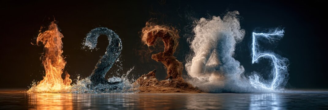 Numbers one to five are made from different elemental materials like fire, water, and lightning set in a dark space with no distractions.