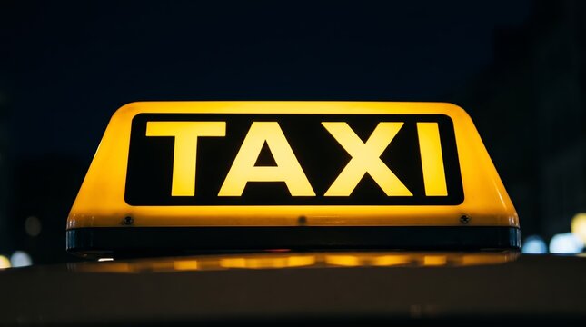 Close-up of a glowing yellow taxi sign illuminated against a dark night sky.
