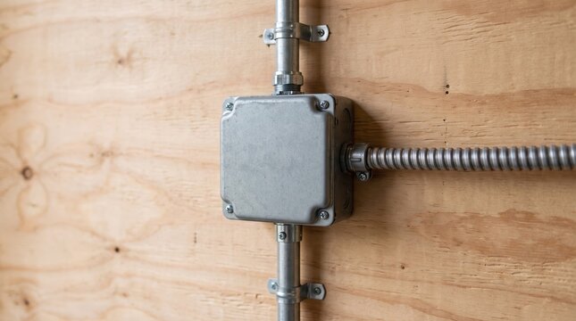 Grey metal electrical junction box mounted on a wooden plywood wall during construction.