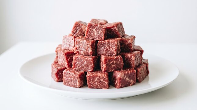 Close-up of raw beef chunks highlights high quality protein prepared for a goulash recipe.