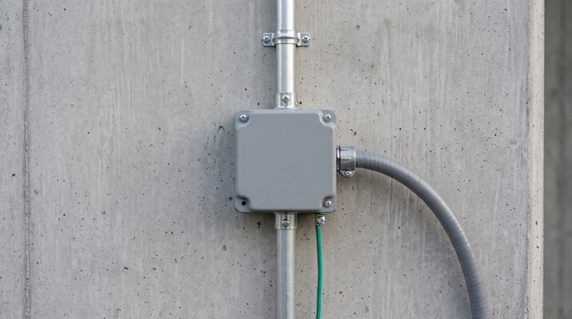 Grey electrical junction box mounts securely on a rough concrete wall.