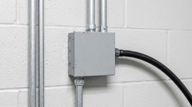 Square electrical junction box connects power lines using flexible and rigid metal conduits.