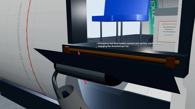 3D animation detailing the mechanical and pneumatic deployment of an aircraft emergency evacuation slide including venturi mixing inflation and optimal passenger descent mechanics