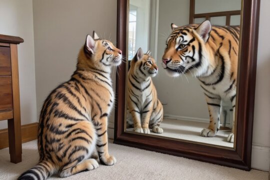 Cat memes featuring two curious cats facing a majestic tiger beside a mirror
