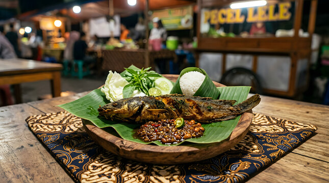 Authentic Indonesian Pecel Lele Fried Catfish Dish with Rice and Sambal