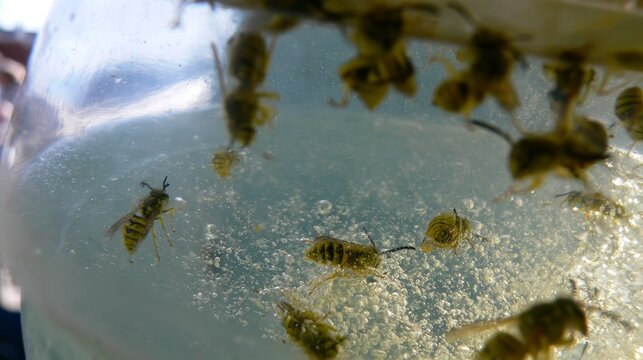 Dangerous wasps trapped in a soft drink viewed through a glass, illustrating insect contamination, accidental ingestion risks, beverage safety, stinging insects and summer outdoor hazards