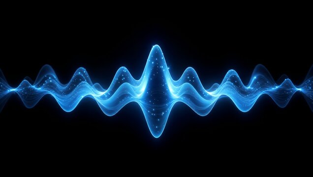 Glowing blue sound wave graphic, abstract digital audio equalizer or futuristic pulse on black background