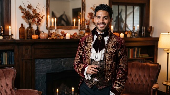 Man in Victorian Costume Holding Wine Glass by Fireplace with Autumn Decor