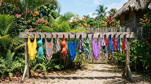 Assortment of colorful swimsuits and bikinis hanging on a wooden rack in a tropical garden setting