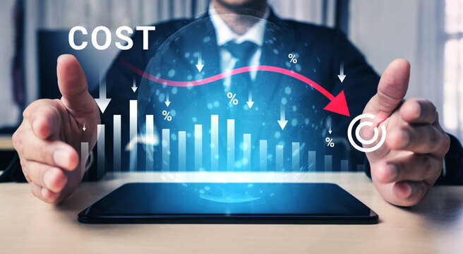 Businessman Analyzing Financial Data with Graphs and Cost Reduction Concept on a Digital Tablet in Modern Office Setting. Glyphic.