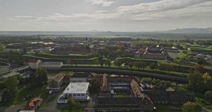 Terezin Czechia Aerial v6 low flyover walled garrison town across Ohre river towards preserved town center, birds eye view capturing square - Shot with 5k Camera - November 2022