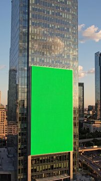 Giant Green Screen Billboard on Modern Skyscraper, Urban City Advertising