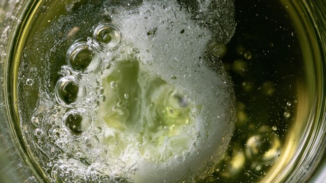 Extreme macro view shows pastis liqueur in water turning milky white as it mixes, revealing the louche effect of this French spirit.