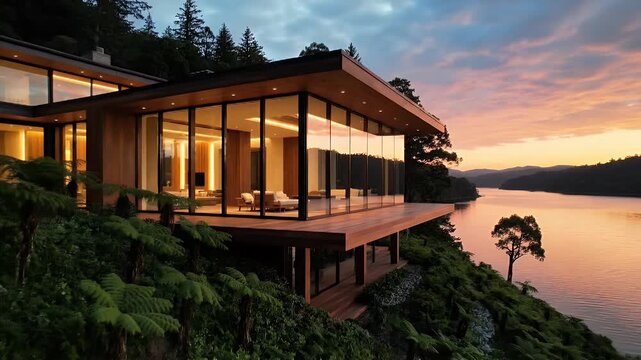 Contemporary glass-walled hillside villa with expansive cantilevered deck at sunset over tropical landscape