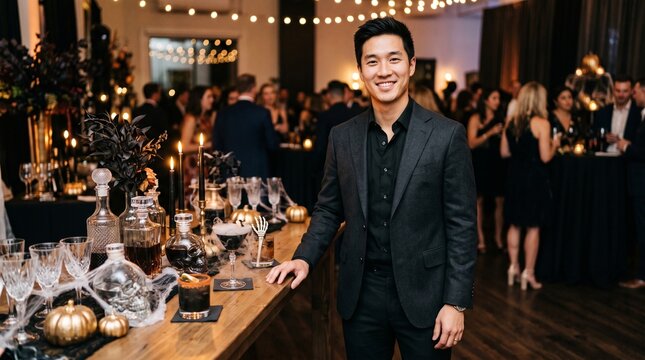 Man in Suit Smiling at Halloween Party with Themed Drinks and Decorations