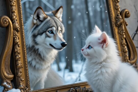 White Cat Facing a Gray Wolf Reflected in an Ornate Mirror cat memes