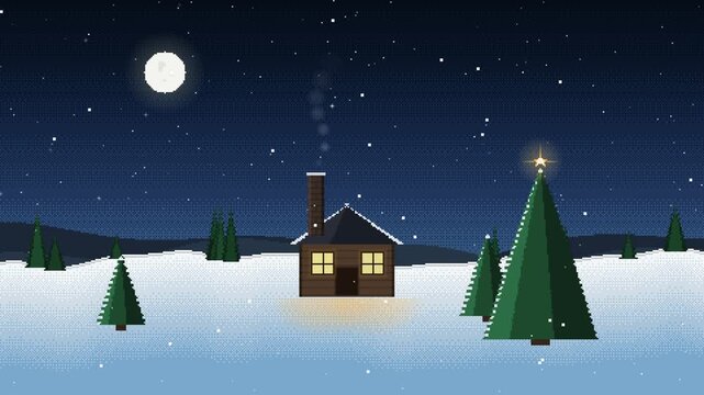 Seamless looping pixel art animation of a cozy Christmas night scene with a snow covered cabin, glowing windows, chimney smoke, pine trees, a shining star topper and gently falling snow loop