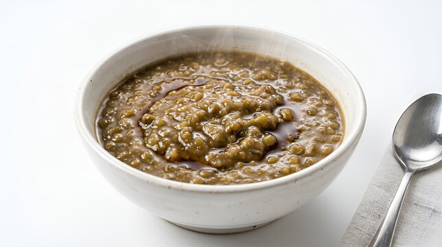 White bowl of thick brown palm sugar sweet mung bean porridge steaming hot with soft split beans on top, stainless spoon on right side, warm traditional dessert, clean white minimalist background